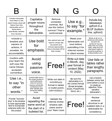 Deliverables Bingo Card