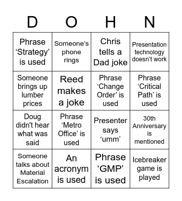 Dohn Construction Bingo Card