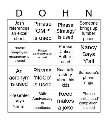 Dohn Construction Bingo Card