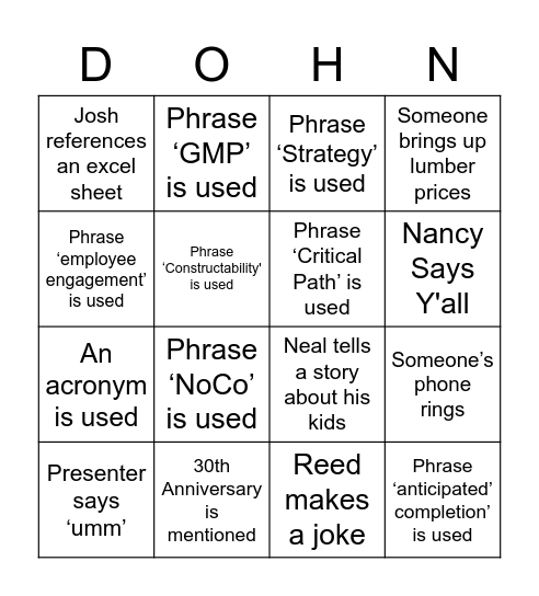 Dohn Construction Bingo Card