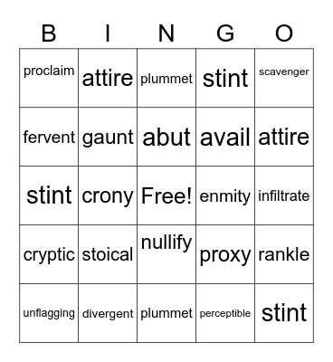 Unit 8 Vocabulary Bingo Card