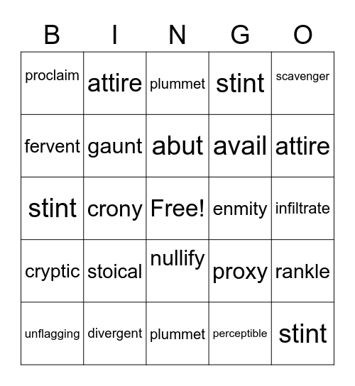 Unit 8 Vocabulary Bingo Card