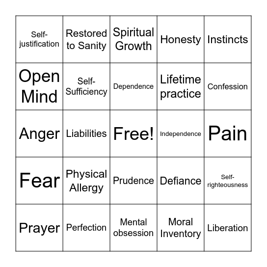 12 steps Bingo Card