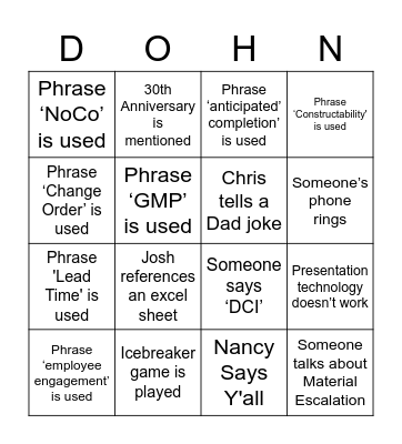 Dohn Construction Bingo Card