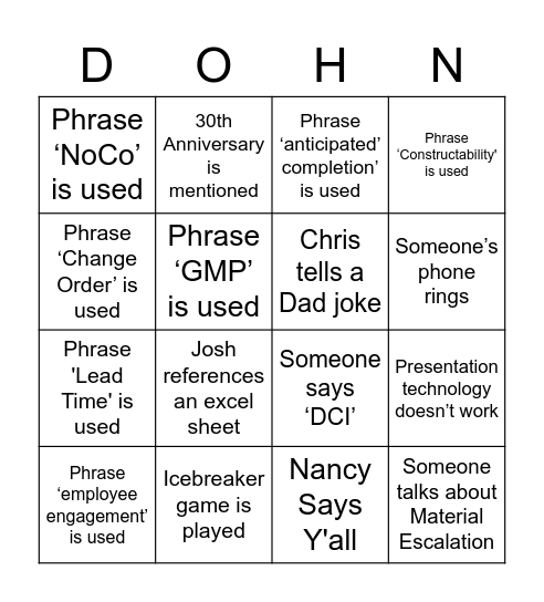 Dohn Construction Bingo Card