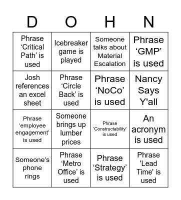 Dohn Construction Bingo Card