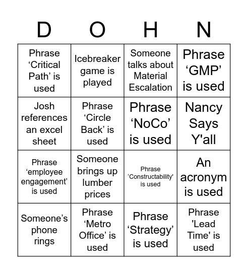 Dohn Construction Bingo Card