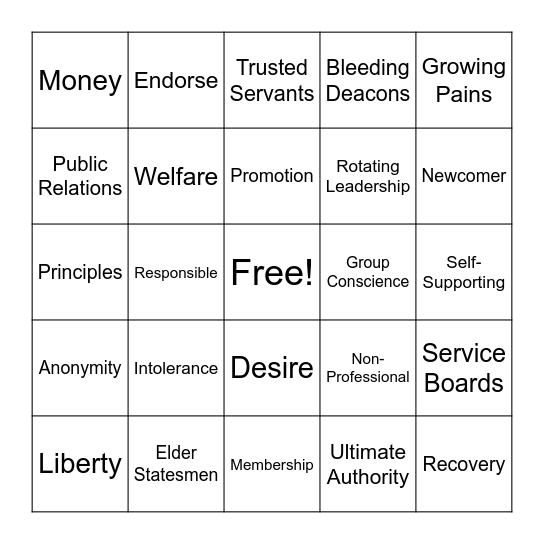 12 Traditions Bingo Card