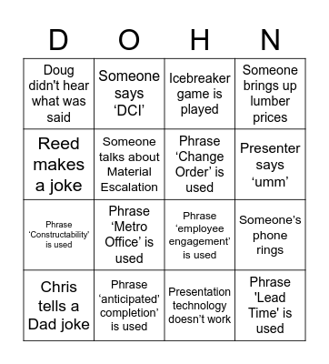 Dohn Construction Bingo Card