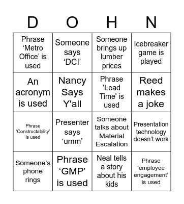 Dohn Construction Bingo Card