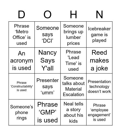 Dohn Construction Bingo Card