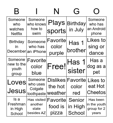 Youth Group Bingo Card