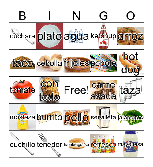 Vocabulario del restaurante Bingo Card