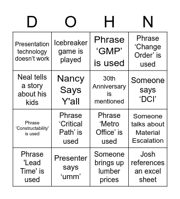 Dohn Construction Bingo Card