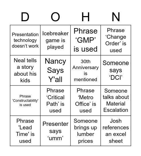Dohn Construction Bingo Card
