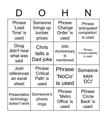Dohn Construction Bingo Card