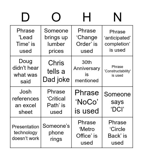 Dohn Construction Bingo Card