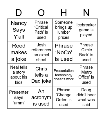 Dohn Construction Bingo Card