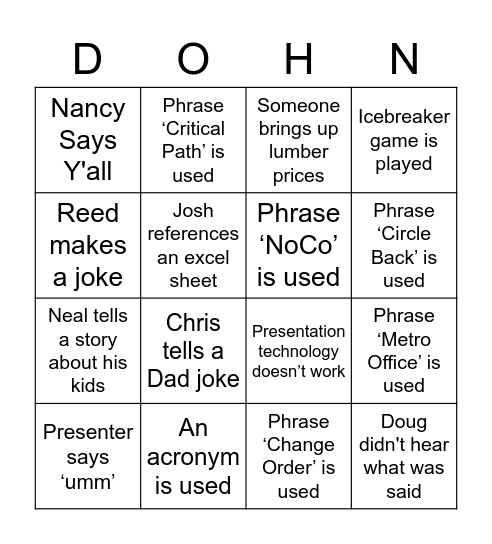 Dohn Construction Bingo Card