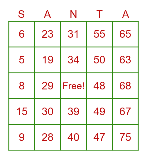 ERCO CHRISTMAS BINGO Card