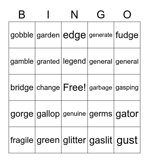Soft and hard g words Bingo Card