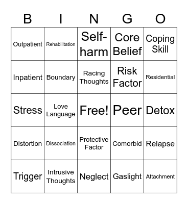 Mental Health Terms Bingo Card