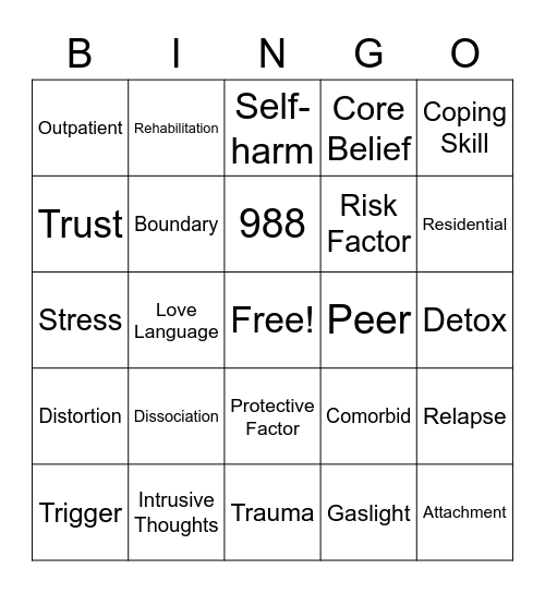 Mental Health Terms Bingo Card