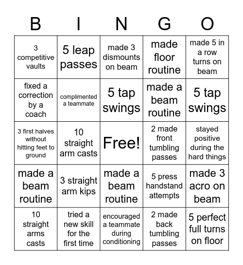 Gymnastics Bingo Card