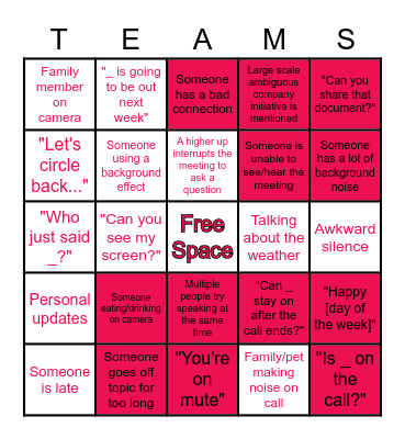 Teams Meeting Bingo Card