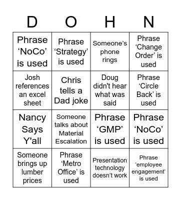 Dohn Construction Bingo Card