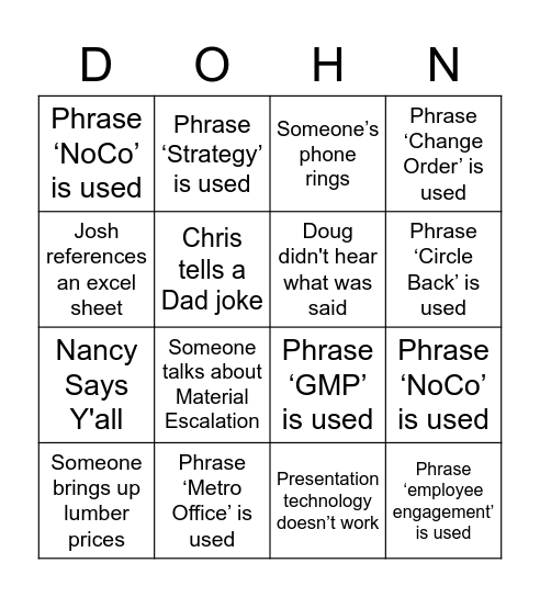 Dohn Construction Bingo Card