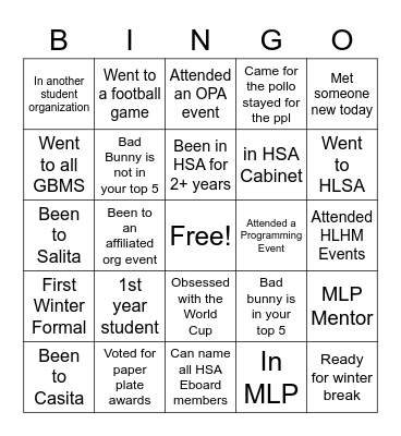 HSA Fall Bingo Card