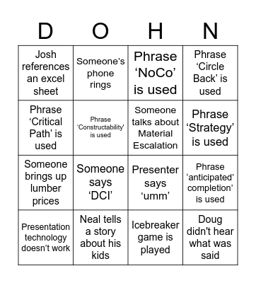 Dohn Construction Bingo Card