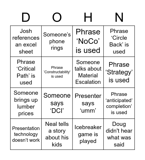 Dohn Construction Bingo Card