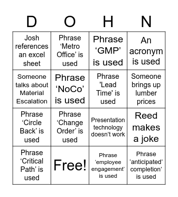 Dohn Construction Bingo Card