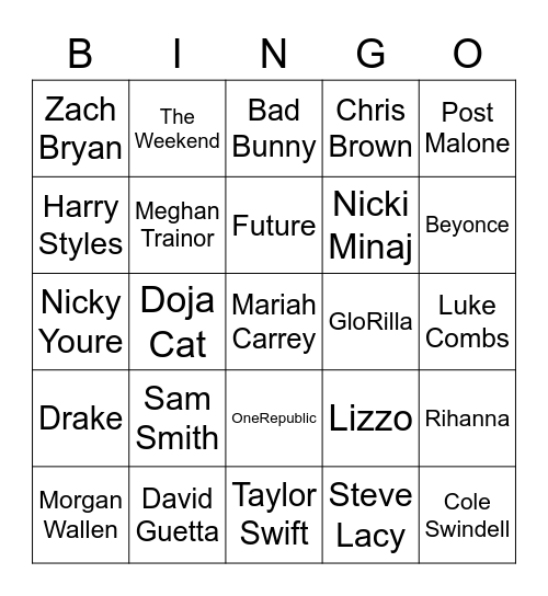 Music Bingo Round One Bingo Card