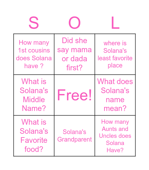 Get to Know Solana Game Bingo Card