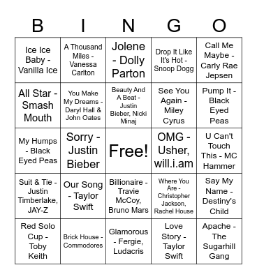 Guilty Pleasures Music Bingo Card