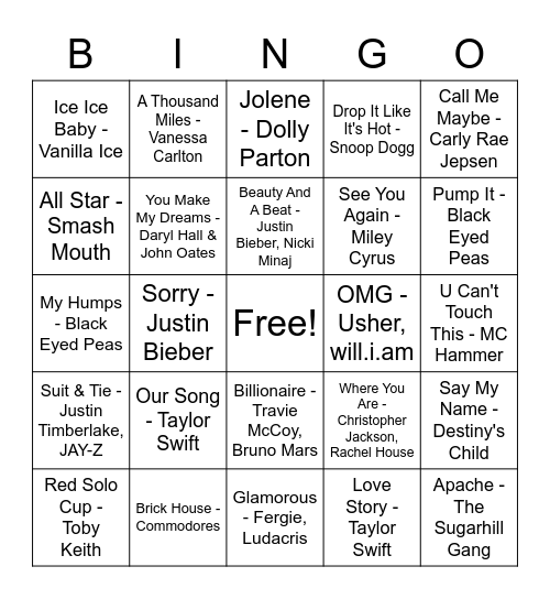 Guilty Pleasures Music Bingo Card