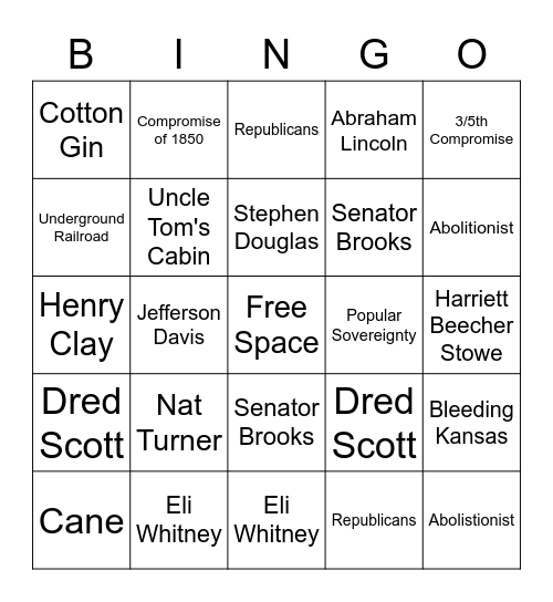 Causes of the Civil War Bingo Card