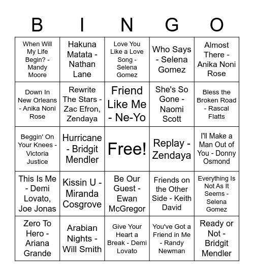 Disney Music Bingo Card