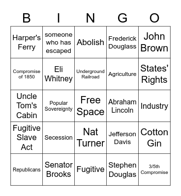 Causes of the Civil War Bingo Card