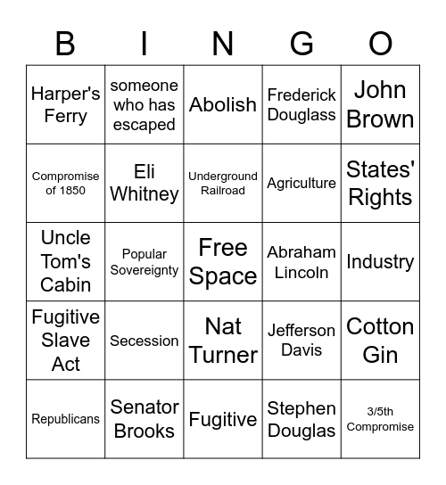 Causes of the Civil War Bingo Card