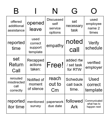 Call Flow Bingo Card