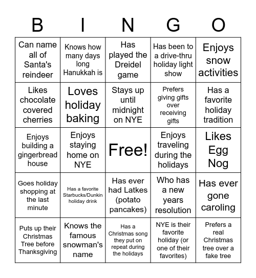 Get to Know You Bingo - Holiday Edition Bingo Card