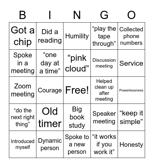 12 Step Meeting Bingo Card