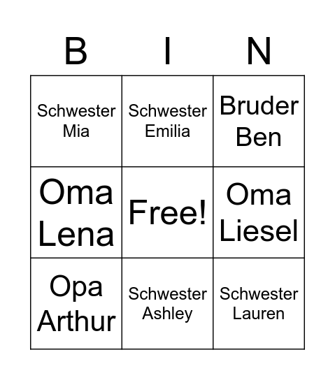 die Familie Bingo Card