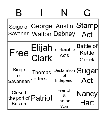 American Revolution  Bingo Card