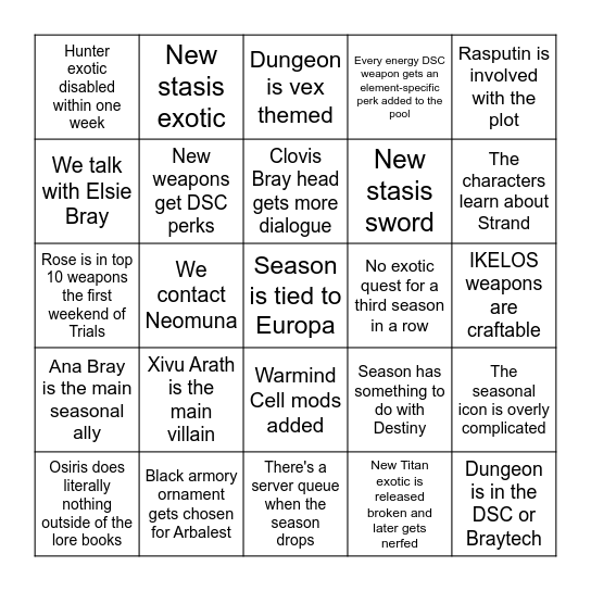 Destiny Season 19 Bingo Card