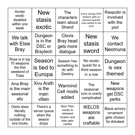 Destiny Season 19 Bingo Card